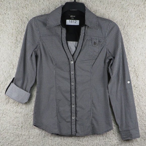 Guess* Women's Long Sleeve Low V-Neck Button Down Curved Hem Shirt~ Size‎ Medium - Picture 3 of 13